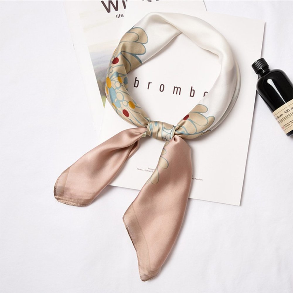 Square Silk Scarf/ Neckerchief - Beige Flower